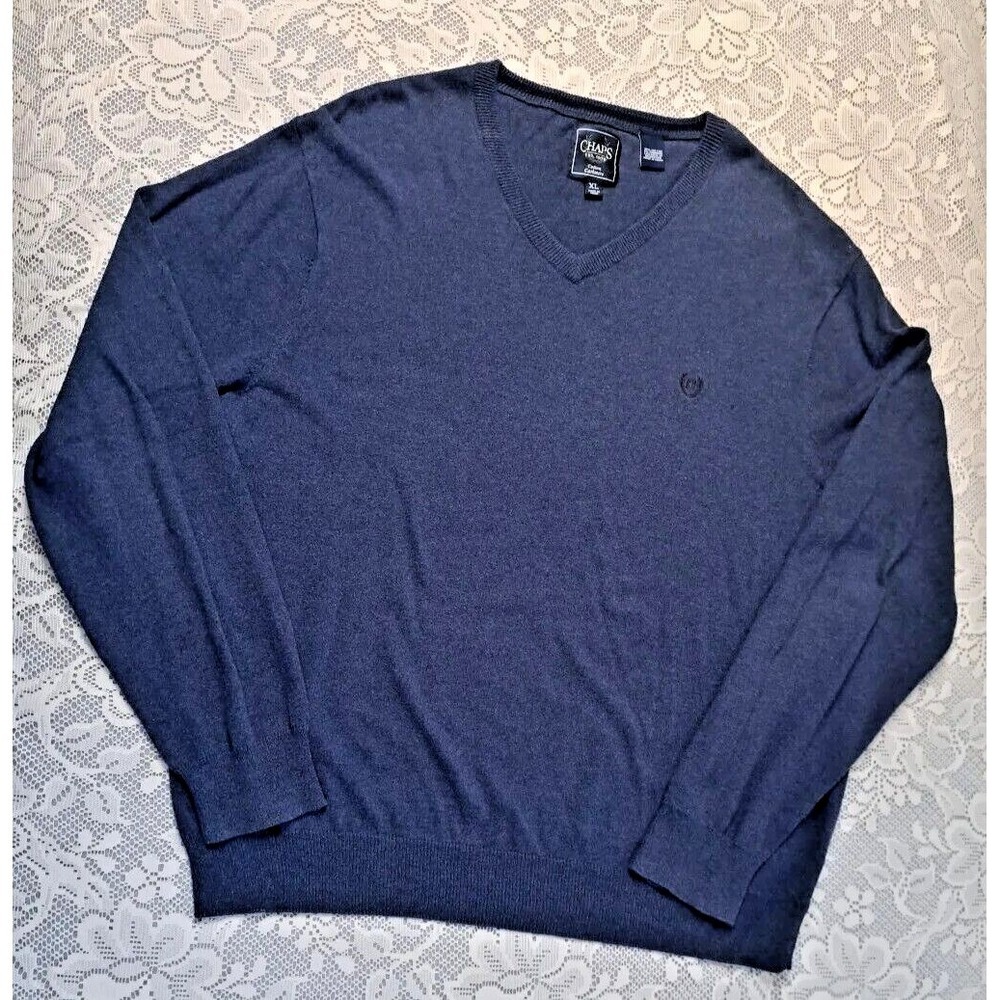 Chaps Sweater Cotton Cashmere Men's Sz XL Blue V-Neck Long Sleeve Solid Stretch